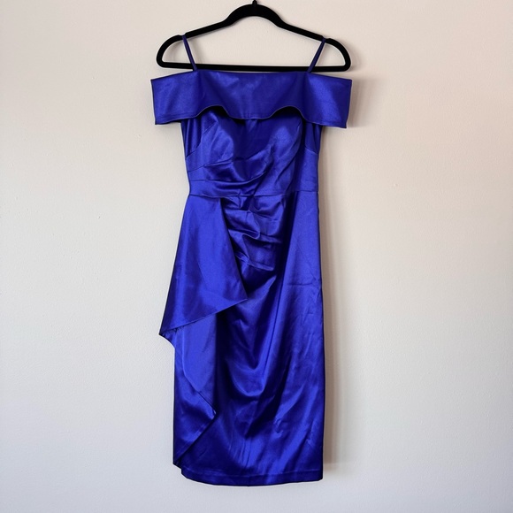 Eliza J Blue Satin Off-the-Shoulder Cocktail Dress Sz 2 | Knee Length Evening - Picture 2 of 16